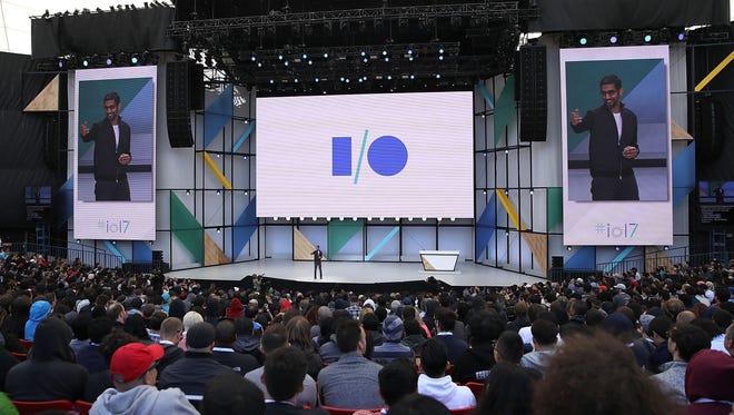 Google CEO Sundar Pichai delivers the keynote address at the Google I/O 2017 Conference