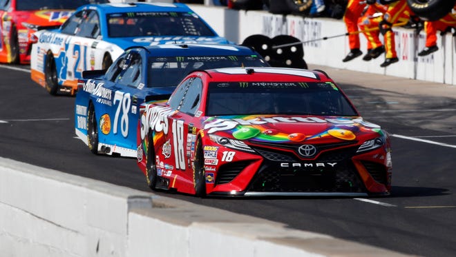 Kyle Busch (18) and Martin Truex Jr. (78) were the two most dominant cars in Sunday's Brickyard 400 but crashed during a restart in Stage 3.