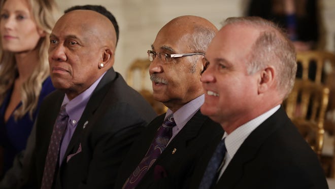 Hall of Famer (L-R) Ferguson Jenkins, Billy Williams and Ryne Sandburg attend the White House celebration with the Cubs.