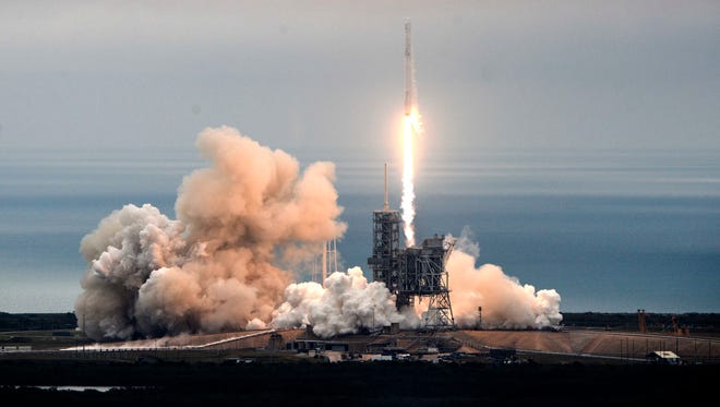 A SpaceX Falcon 9 rocket lifts off from Pad 39A at Kennedy Space Center.  The rocket is carrying cargo for the International Space Station.