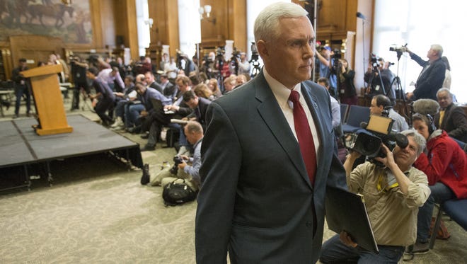 Gov. Mike Pence spoke to reporters Monday, March 30, 2015, about the firestorm created by the “religious freedom” law.