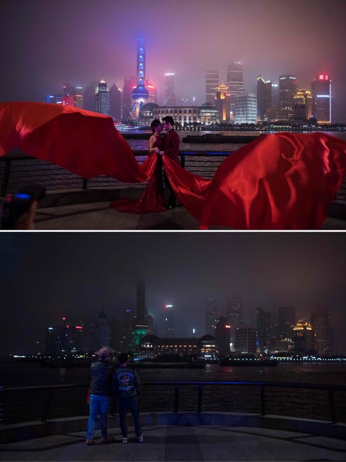 This combination of pictures created, Saturday, shows the city skyline of Shanghai before and after the lights were switched off during the Earth Hour campaign.