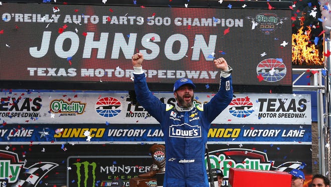 April 9: Jimmie Johnson wins the O'Reilly Auto Parts 500 at Texas Motor Speedway.