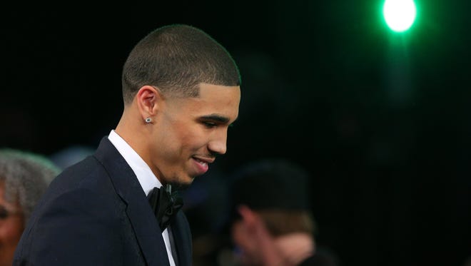 Jun 22, 2017; Brooklyn, NY, USA; Jayson Tatum (Duke) is introduced as the number three overall pick to the Boston Celtics in the first round of the 2017 NBA Draft at Barclays Center. Mandatory Credit: Brad Penner-USA TODAY Sports