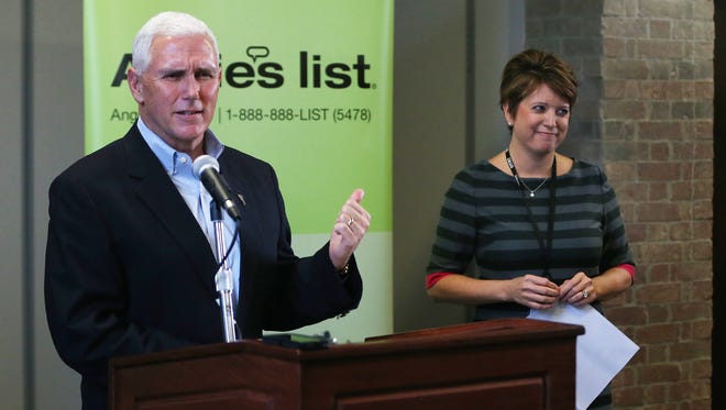 Angie's List founder, Angie Hicks, was all smiles as Gov. Mike Pence talked about her as an Indiana success story at an expansion announcement Tuesday, Oct. 14, 2014. The Indianapolis-based company announced an expansion into the old Ford building on East Washington Street that would consolidate current employees and add 1,000 new jobs. The expansion did not happen.