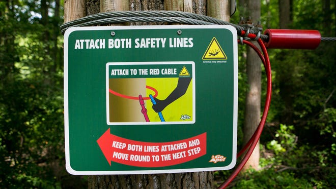 Safety signs are posted throughout the Go Ape at Lums Pond which remains closed after the death of a Felton woman when she fell to her death Wednesday afternoon.