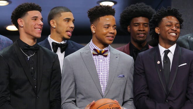 NBA draft prospects including Lonzo Ball (front left), Markelle Fultz (front middle) and De'Aaron Fox (front second right) before the first round of the 2017 NBA Draft at Barclays Center.
