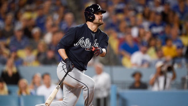 July 21: Braves' Jaime Garcia looks up after hitting a grand slam off a pitch by Dodgers starting pitcher Alex Wood.