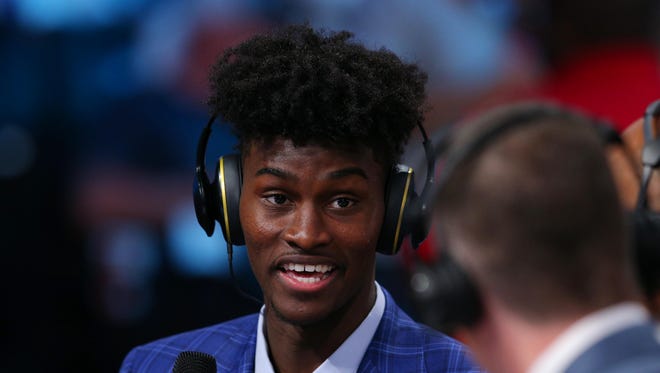 Jonathan Isaac from Florida State conducts an interview after being selected by the Magic as the No. 6 overall pick in the first round of the 2017 NBA draft at Barclays Center.