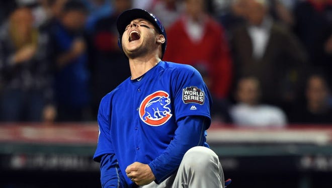 Game 7 in Cleveland: Cubs first baseman Anthony Rizzo celebrates after scoring a run in the 10th inning.