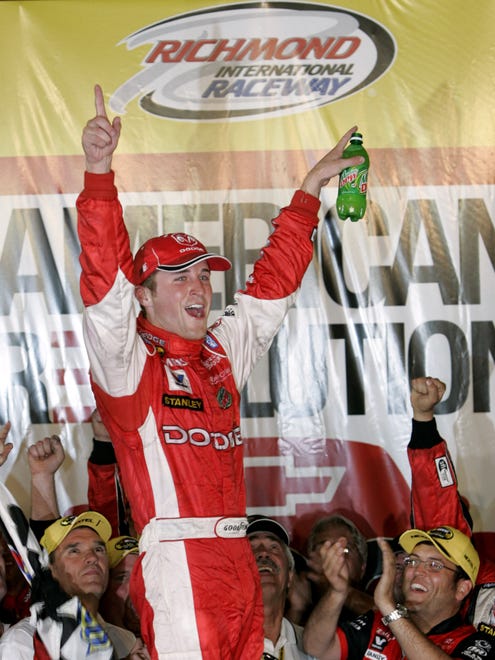 Kasey Kahne celebrates his first ever NASCAR Cup win at Richmond International Raceway on May 14, 2005.