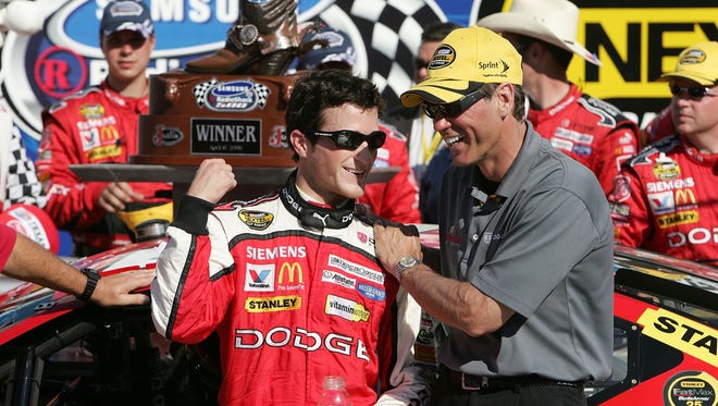 Kasey Kahne began his NASCAR career racing for former crew chief turned owner Ray Evernham. Here the pair celebrate Kahne's win at Texas Motor Speedway in April 2006.