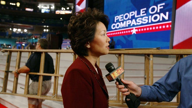 Elaine Chao is interviewed on the floor of the Republican National Convention at Madison Square Garden in New York on Aug. 31, 2004.