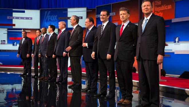 Republican presidential candidates gather on the debate stage on Aug. 6, 2015, in Cleveland.
