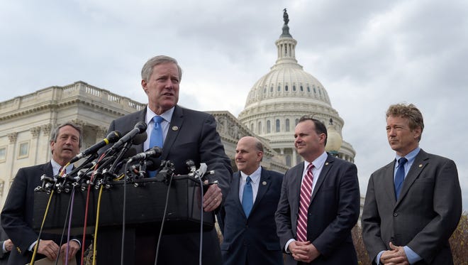 Rep. Mark Meadows, R-N.C., second from left, speaks about health care during a news conference on Capitol Hill on March 7, 2017. He is joined by, from left, Rep Mark Sanford, R-S.C., Rep. Louie Gohmert, R-Texas, and Sen. Rand Paul, R-Ky.