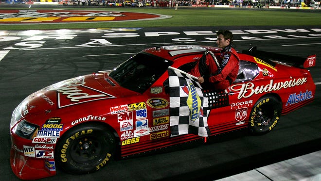 Kasey Kahne celebrates after winning the 2008 Coca-Cola 600 at Charlotte Motor Speedway. Kahne has more wins at Charlotte -- four -- than any other track.