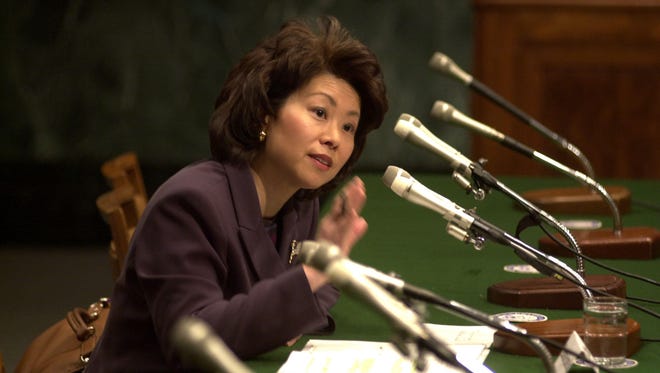 Elaine Chao testifies on Capitol Hill on Feb. 7, 2002, at a Senate hearing on protecting pensions after the Enron collapse.
