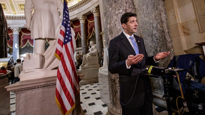 House Speaker Paul Ryan speaks in support of the Republican health care bill during a TV interview in Statuary Hall on Capitol Hill on March 22, 2017.