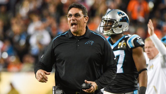 Carolina Panthers head coach Ron Rivera reacts during the third quarter of the game against the Denver Broncos in Super Bowl 50 at Levi's Stadium.
