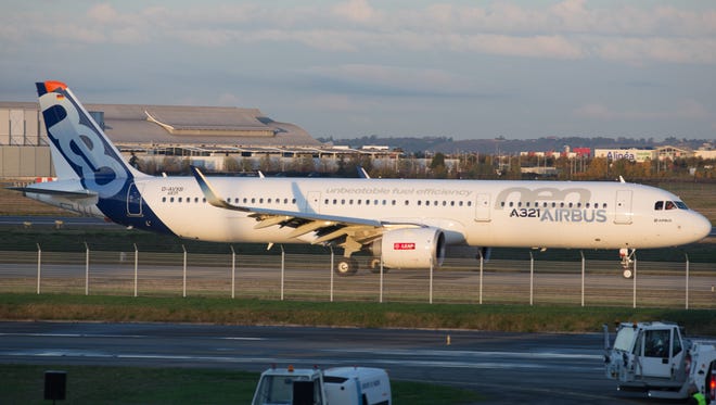 The new Airbus A321neo narrowbody jet makes an appearance at Toulouse-Blagnac International Airport in southern France on Nov. 24, 2016.
