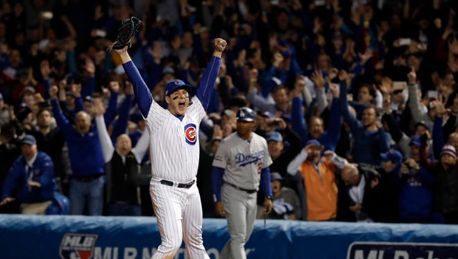 Game 6 in Chicago: Cubs first baseman Anthony Rizzo reacts after getting the final out to defeat the Dodgers.