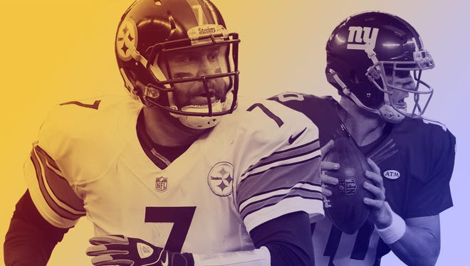Steelers QB Ben Roethlisberger (7) and Giants QB Eli Manning will meet for the fourth time Sunday afternoon.