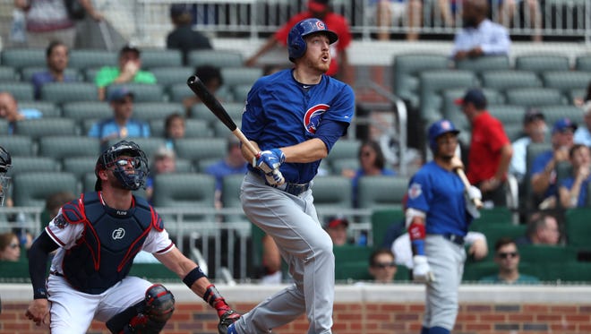 July 19: Cubs starting pitcher Mike Montgomery hits a solo home run in the fifth inning off R.A. Dickey of the Braves.