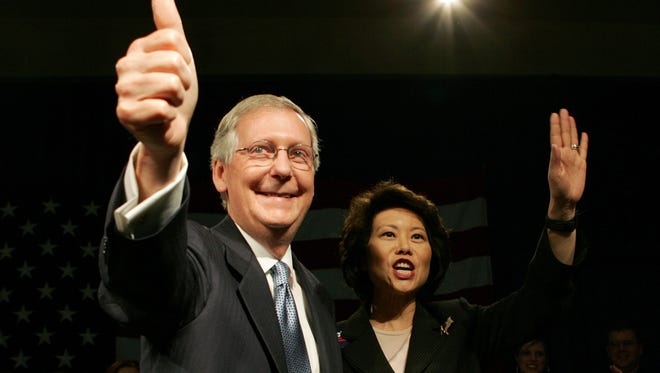 Sen. Mitch McConnell and Elaine Chao greet supporters after learning he defeated his Democratic challenger during an election night rally Nov. 4, 2008, in Louisville.
