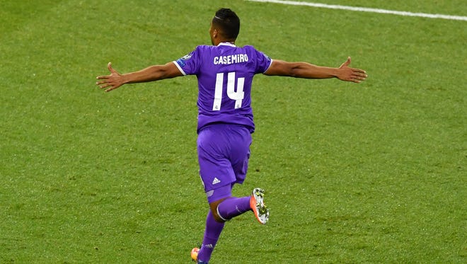 Real Madrid midfielder Casemiro celebrates after scoring in the second half to give his team the lead.