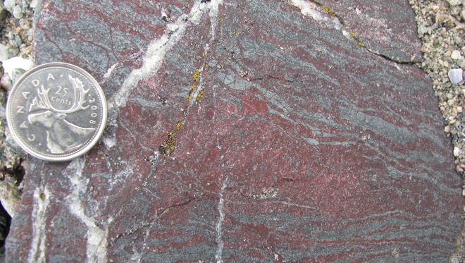 This coin give an idea of the shows  of this Layer-deflecting red iron-silica rock bounded by veins of white calcite, which have sourced some of their carbon from the decayed primitive microbes. Nuvvuagittuq Supracrustal Belt, Quebec, Canada.