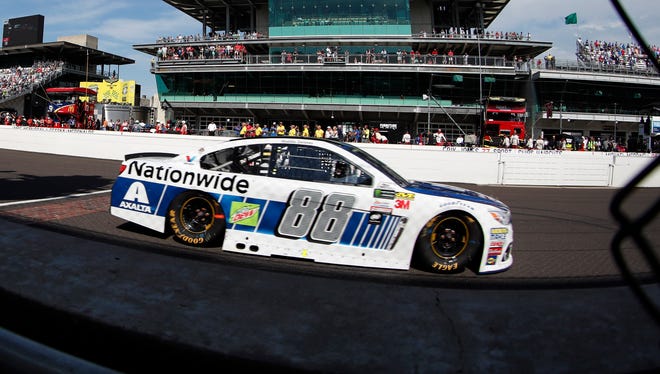 Dale Earnhardt Jr. races past the start/finish line during Sunday's Brickyard 400 at Indianapolis Motor Speedway.