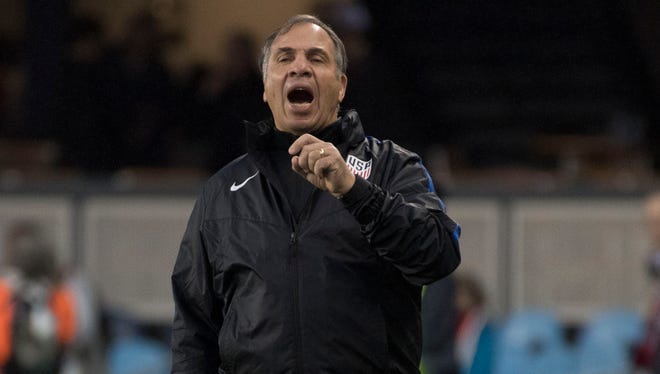 United States coach Bruce Arena coaches at the men's World Cup soccer qualifier against the Honduras at Avaya Stadium in San Jose.