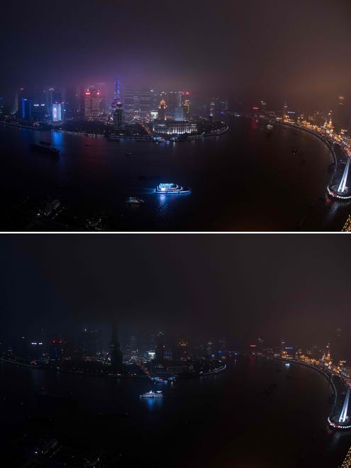 An aerial view of Shanghai's skyline on Earth Hour day is seen, Saturday, in these combination images.