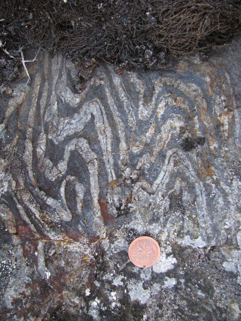 From the Nuvvuagittuq Supracrustal Belt in Quebec, Canada, this banded iron formation (the main rock resource for human use of steel) with convoluted layers of light-grey quartz and dark-grey magnetite, both a bit thinner than a Canadian penny.