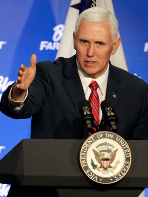 Vice President Mike Pence greets more than 200 employees at Blain's Fleet and Farm Distribution Center during a listening session March 3, 2017, with Wisconsin business leaders in Janesville, Wis. Pence also talked about The Indianapolis Star investigation into his private email account.
