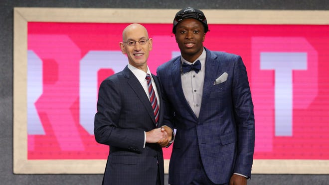 OG Anunoby (Indiana) is introduced by NBA commissioner Adam Silver as the No. 23 overall pick.