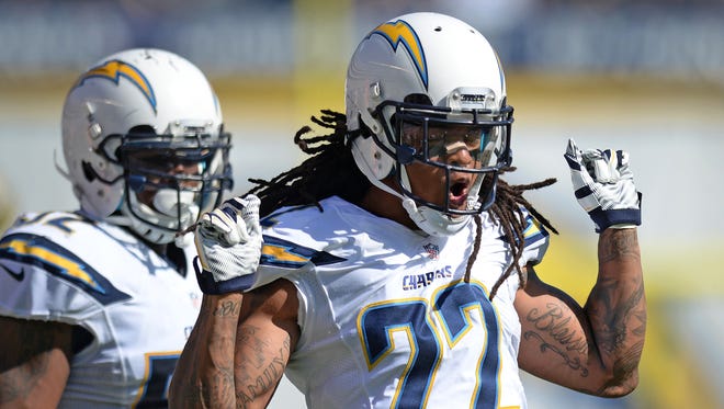 San Diego Chargers cornerback Jason Verrett (22) reacts after defending a pass during the third quarter against the Jacksonville Jaguars at Qualcomm Stadium.