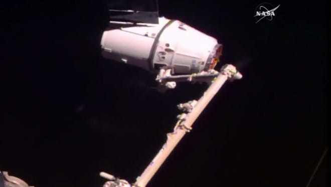 The SpaceX Dragon capsule flying the CRS-10 cargo resupply mission was captured by the International Space Station's robotic arm at 5:44 a.m. EST Thursday, Feb. 23, 2017.