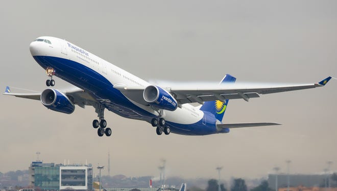 A brand-new RwandAir Airbus A330 departs on a test flight from Toulouse-Blagnac International Airport in southern France  on Nov. 24, 2016.