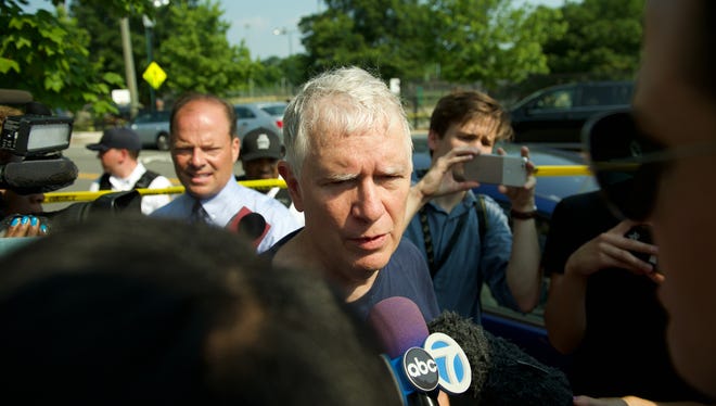 Congressman Mo Brooks (R-AL 5th District), is interviewed at the baseball park where Congressional Republican baseball practice was the scene of a shooting in Alexandria, Va.