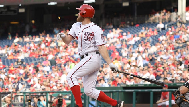 Aug. 30: Nationals starting pitcher Stephen Strasburg hits a solo home run in the fifth inning against the Marlins.