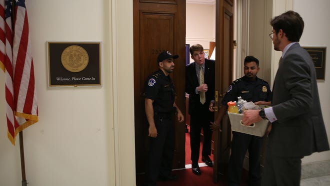 Staffers for U.S. Reps. drop by at the office of House Majority Whip Representative Steve Scalise to offer their condolences and gifts after he and other members of Congress were shot while playing baseball in Arlington, Va.