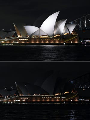 Australia's iconic Sydney Opera House before and after Earth Hour in this combo of pictures.