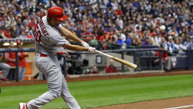 April 21: Cardinals pitcher Adam Wainwright hits a two-run home run against the Brewers.