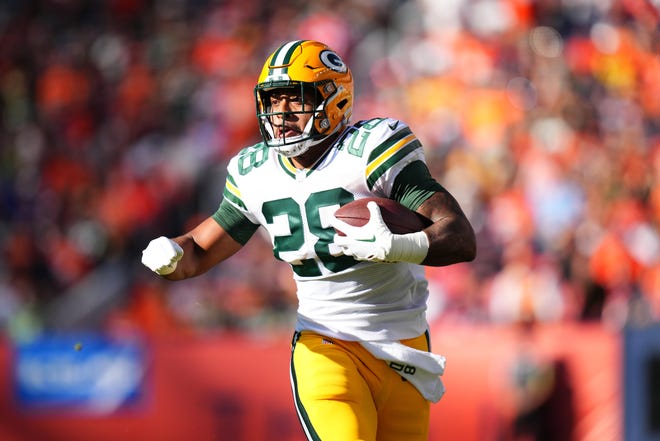 Running back AJ Dillon had 613 yards and two touchdowns in 2023 and stepped up when Aaron Jones was hurt. A 2020 second-round draft pick by the Packers. Age: 25.