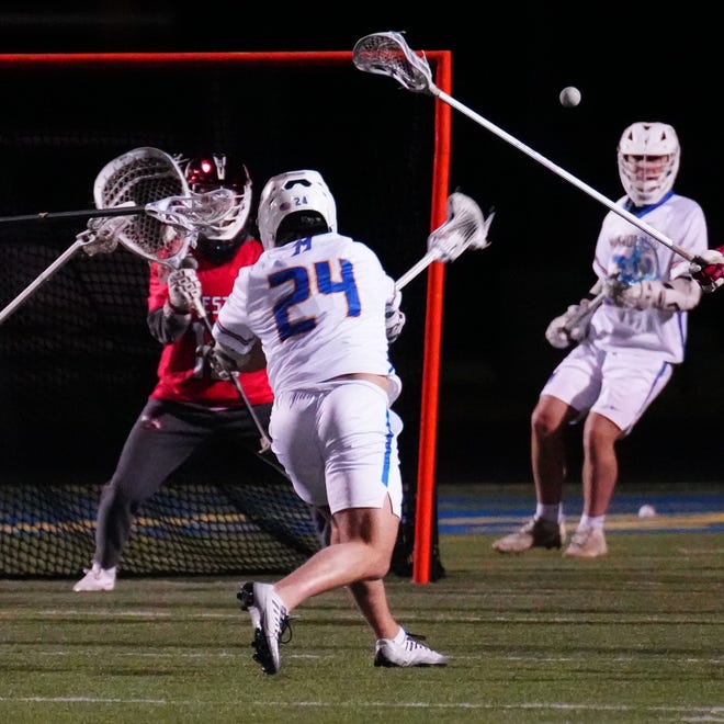 Mukwonago's Ethan Conto (24) scores on Homestead goalie Nick LaValle (19) during the lacrosse match at Mukwonago on Tuesday, March 19, 2024.