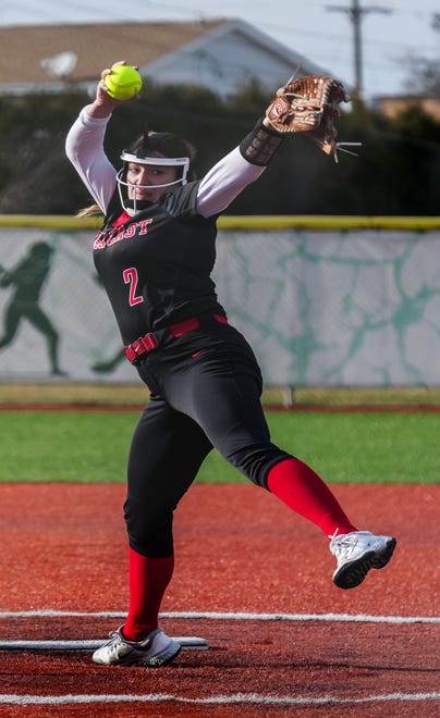Wauwatosa East pitcher Bella Losinski (2) winds up during the game at Wauwatosa West, Thursday, March 21, 2024.