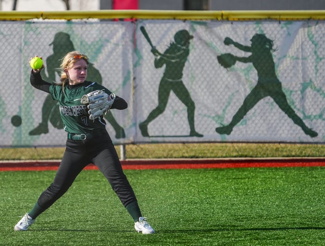 Wauwatosa West center fielder Kaitlyn O'Reilly (7) throws one back during the game at home against Wauwatosa East, Thursday, March 21, 2024.