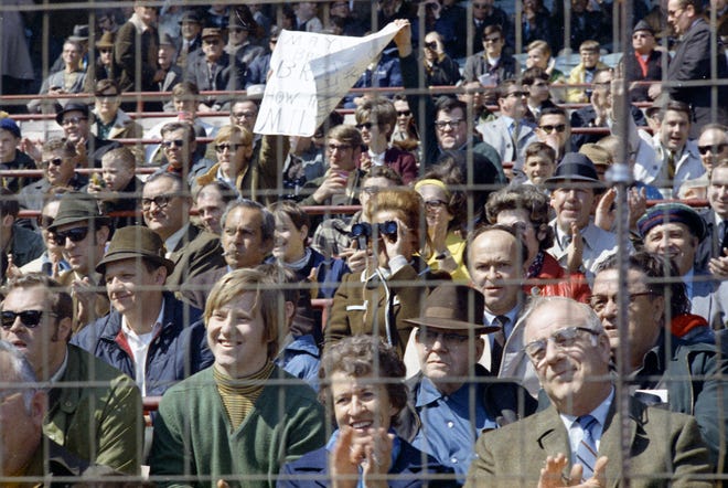 Fans behind home plate watch game action during the Brewers' first opening day on April 7, 1970. The game was also the season opener for the Brewers. A crowd of 37,237 saw the Brewers fall to the California Angels 12-0.