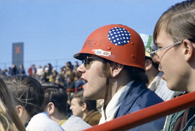 A Brewers fan in the bleachers wore a red military helmet with the word "Bums" written on the front during the Brewers' first opening day on April 7, 1970. The game was also the season opener for the Brewers. A crowd of 37,237 saw the Brewers fall to the California Angels 12-0.